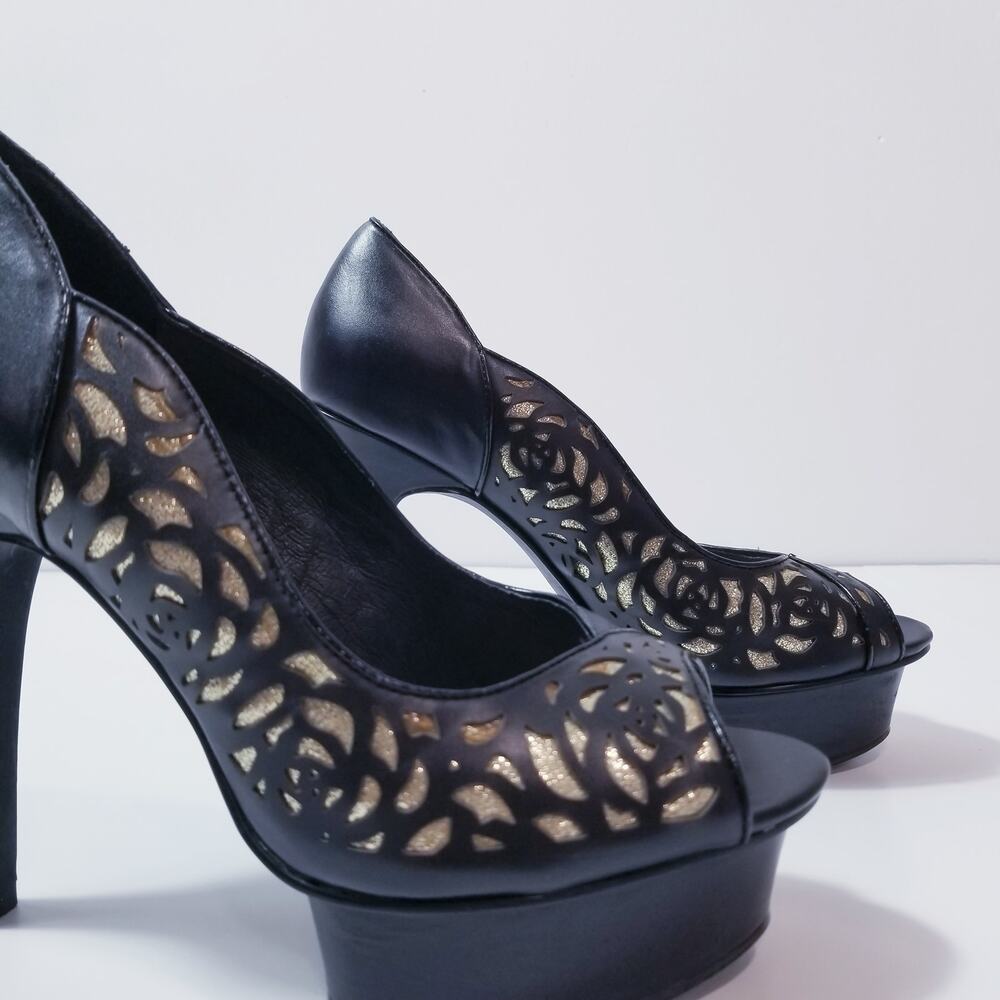 Kurt Geiger Black Gold Laser Cut Platform Heels Peep Toe Shoes